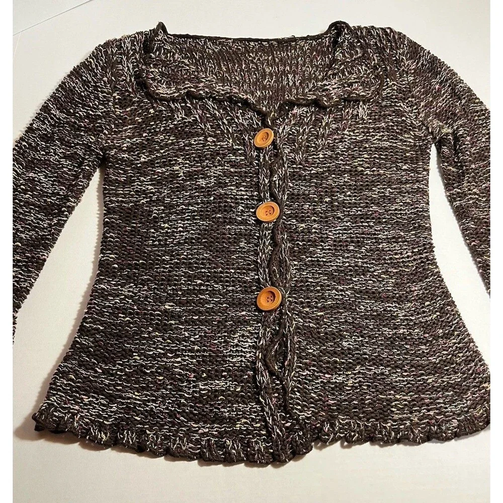 Knit Cardigan Sweater Button Womens XS Brown Multi Boho Cottage BCBGMAXAZRIA